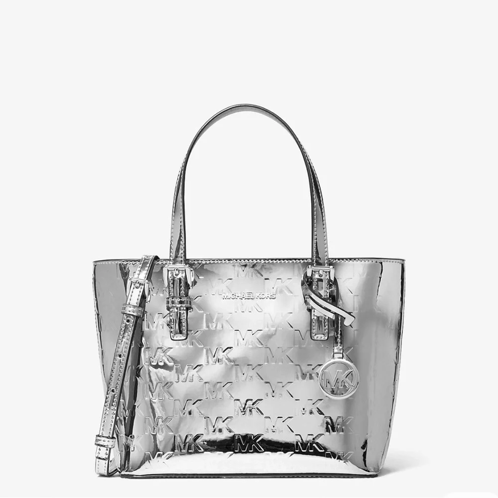 Michael Kors Silver Jet Set Extra Sm Metallic Logo Convertible Tote Wallet Set - Picture 2 of 8